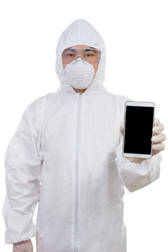 Asian Chinese scientist in protective wear showing mobile phone screen
