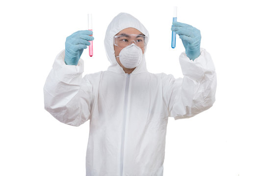 Asian Chinese scientist in protective wear holding test tube