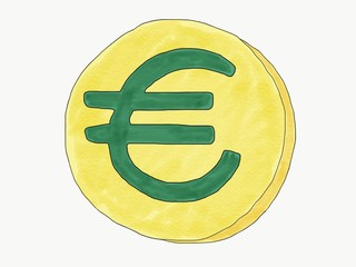 Obraz premium Abstract hand draw doodle euro coin, illustration, copy space for text, watercolor paint style, children cartoon book style