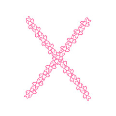 The letter X, in the alphabet Heart flower petals illustration set flat design pink color isolated on white background, vector eps10