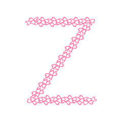 The letter Z, in the alphabet Heart flower petals illustration set flat design pink color isolated on white background, vector eps10