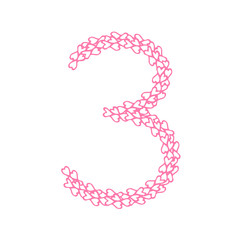 The letter number three or 3, in the alphabet Heart flower petals illustration set flat design pink color isolated on white background, vector eps10