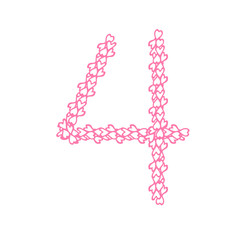 The letter number four or 4, in the alphabet Heart flower petals illustration set flat design pink color isolated on white background, vector eps10