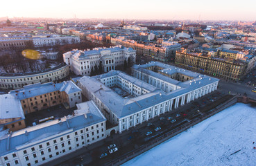 Obraz premium Beautiful super wide-angle summer aerial view of Saint-Petersburg, Russia with skyline and scenery beyond the city and Nevsky Prospect, seen from the quadrocopter air drone