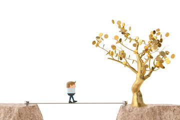 An officeman walking on steel rope over canyon, go to gold tree.3D illustration.