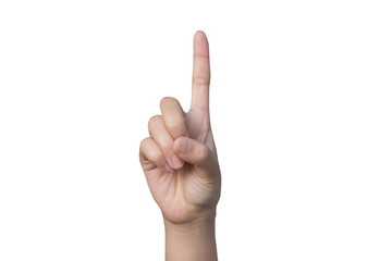 Woman hand showing one fingers - white background.