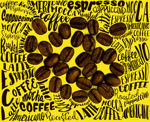Top view of roasted coffee beans with Typography. use for background