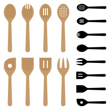 Vector Illustration of a set of Wooden Spoons and their Silhouettes. Illustrator 8, Global Colors, neat work, easily editable.