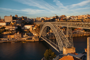 View of old Porto downtown and Douro river with Dom Luis I Bridge, Portugal.