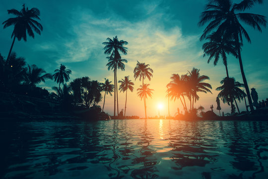 Twilight on a tropical beach with silhouettes of palm trees reflections in water.