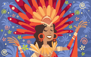 Brazil Carnival Latin Woman Wear Bright Costume Traditional Rio Party Flat Vector Illustration