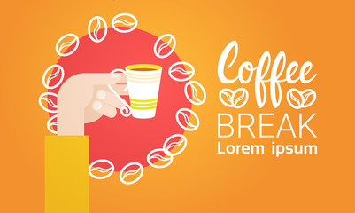 Hand Hold Cup Tea Coffee Break Morning Beverage Banner Flat Vector Illustration