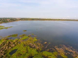 Aerial view of tranquil lake near Pattaya city in morning