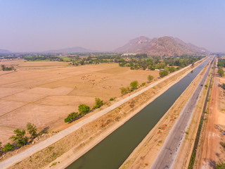 Aerial view of waterway of irrigation system for rice field