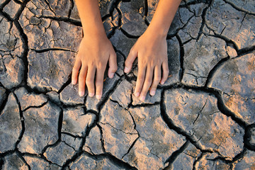 topview hands a girl on dry ground .concept hope and drought