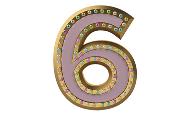 Luxury golden alphabet with diamonds isolated on white background number 6.3D illustration.