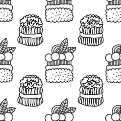 Black and white seamless pattern with cakes for coloring books.