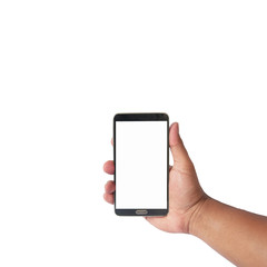 the hand of man hold mobile phone isolate on white background, clipping path