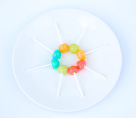 lollipop candies in white plate on white background
