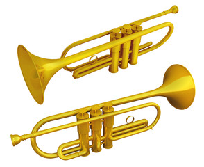 Obraz premium Golden trumpet on white isolated background. 3d