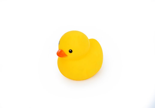 Little duck, yellow rubber duck on white background