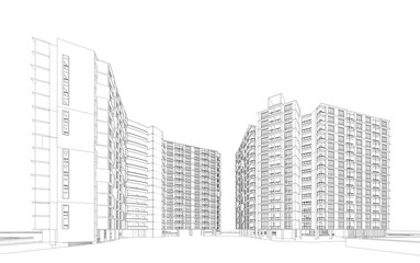 Architecture background. Perspective 3d Wireframe of building design and model my own