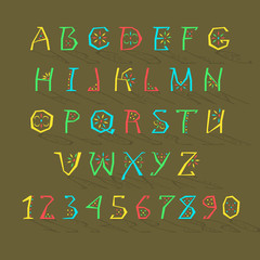 Colorful Alphabet. Artistic font. Bright letters and numbers with geometric decor. Vector Illustration