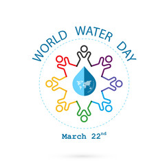 Water drop and world map with people icon vector logo design template.World Water Day idea campaign for greeting card and poster.