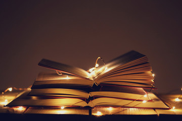 Books  with open pages and lights of a garland