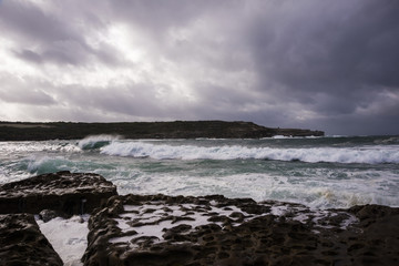 Winter Storm Dark Threatening Sky Waves breaking shoreline. Copyspace.