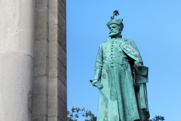 Bronze sculpture of Stephen Bocskai (Hollo Barnabas, 1903) in Budapest, Hungary. As part of Millennium Monument on the Heroes Square. Stephen Bocskai was Prince of Transylvania and Hungary (1605-1606)