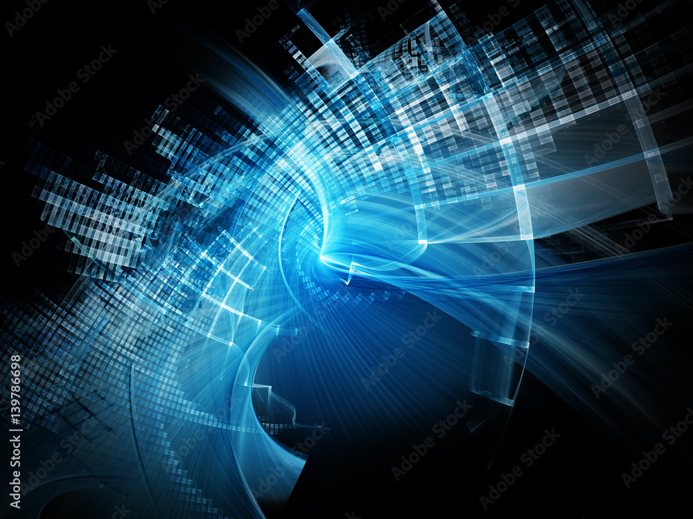 Fototapete abstract computer graphics background. composition of grids, curves and motion blur. blue and black 