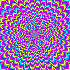 Colorful rainbow background with blue pulsing spirals. Optical expansion illusion.