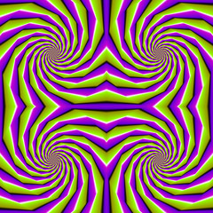 Green and purple spirals. Spin illusion. Seamless pattern.