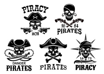 Pirate symbols and Jolly Roger vector icons set