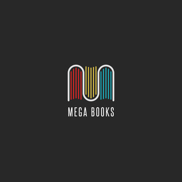 Bookstore logo idea, colorful books logotype in the form of letter M, emblem mockup for publishers, libraries and encyclopedias.