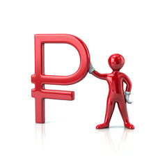 Red character man holding russian ruble symbol