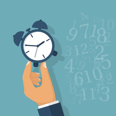 Time manager, control. Vector illustration flat design. Isolated on background. Organization of the process. Successful strategy. Planning. Businessman holding clock in hand. Alarm clock. Checks time