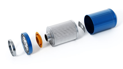 Spare new oil filter exploded perspective. 3D illustration