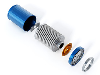 Spare new oil filter exploded perspective. 3D illustration