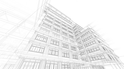 Fototapeta premium Architecture background. Perspective 3d Wireframe of building design and model my own