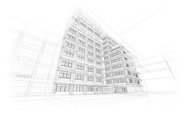 Architecture background. Perspective 3d Wireframe of building design and model my own