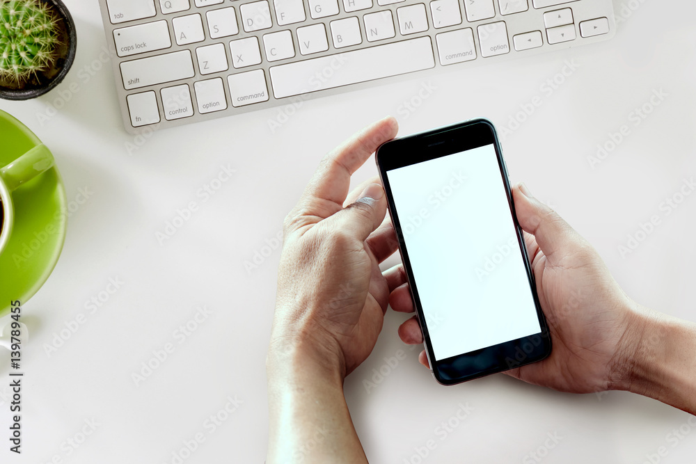Poster man using a touch screen of smartphone.