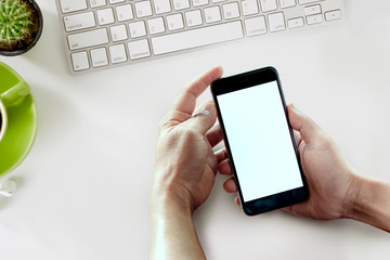 Man using a touch screen of smartphone.