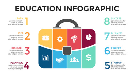 Vector briefcase infographic. Template for bag diagram, graph, presentation, round chart. Business professional portfolio with 8 options, parts, steps or processes. Travel and tourism concept.