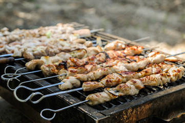 The Meat fried on the grill outdoor