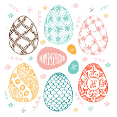 Set of Easter eggs with patterns, ornaments and lettering. Easter holidays design template for invitation card. Vintage illustration.