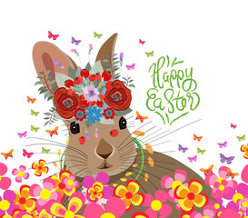 Happy easter with rabbit, flower and butterflies colorful