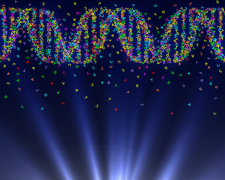 DNA structure made of symbols of four nitrogen-containing nucleobases. Trendy neon background. Vector illustration.