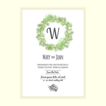 Greenery wedding invitation card. 2017 trendy colors wedding invitation. Card with palm leaves in colors of the year 2017.